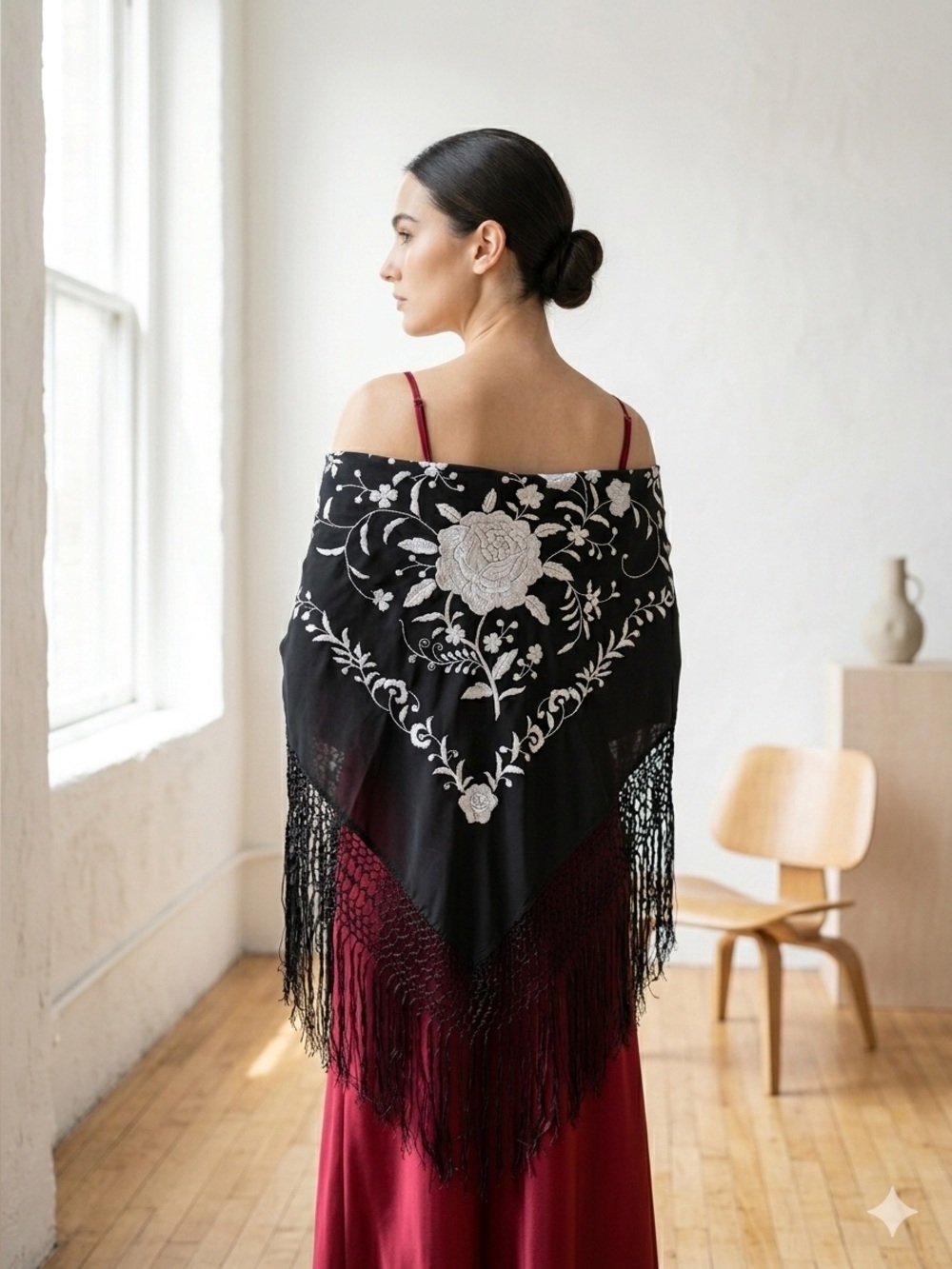 Vintage black Edwardian - Jazz Age (1910s – 1930s) embroidered silk piano shawl